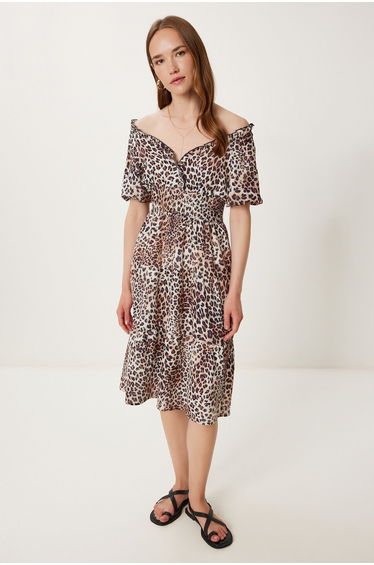 Women's Beige Brown Leopard Print Flounced Midi Dress