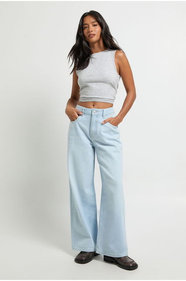 Petite Boohoo Basics High Waist Wide Leg Jean - super pale wash