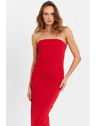 Women's Black Deep Slit Frilly Strapless Midi Dress - 1