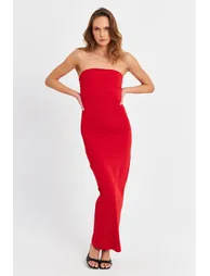 Women's Black Deep Slit Frilly Strapless Midi Dress - 3