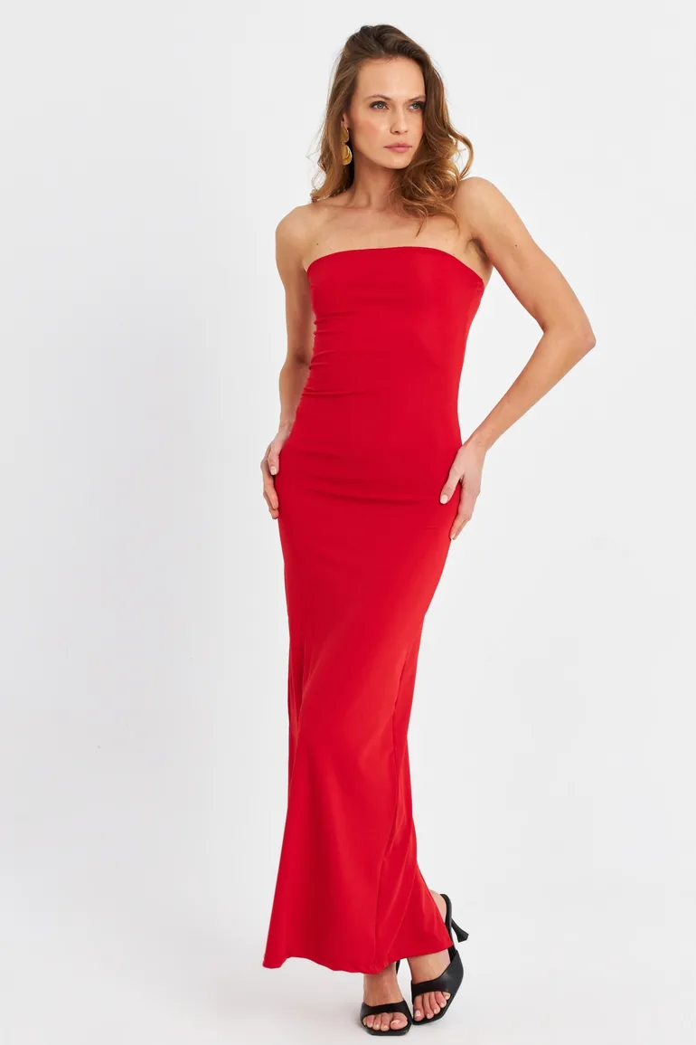 Women's Black Deep Slit Frilly Strapless Midi Dress - 6