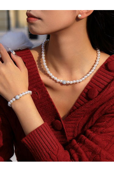 Set of 3 - Faux Pearl Necklace, Bracelet, and Earrings