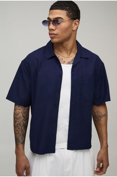 Oversized Boxy Fit Short Sleeve Linen Blend Shirt - navy