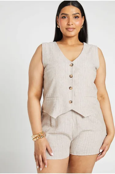 Plus Stripe Linen Waistcoat and Short Co-ord Set - stone