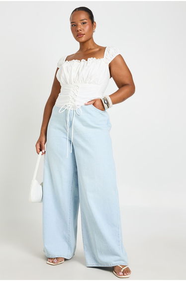 Plus Lace Up Front Ruched Bust Top - white