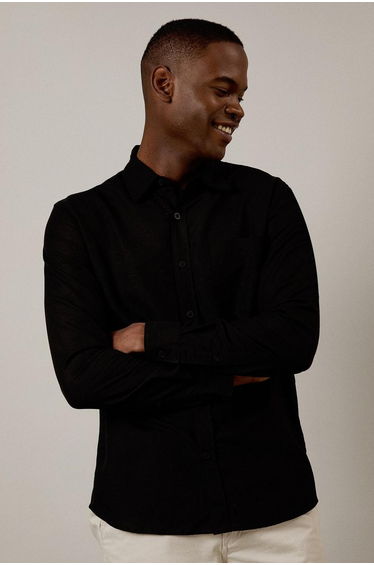 Black Linen Blend Long Sleeve Shirt