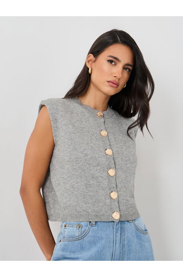 Solid Buttoned Sleeveless Top with Shoulder Pad Detail