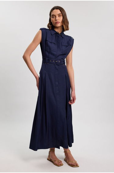 Premium Viscose Linen Belted Woven Midaxi Dress With Gold Hardware Detail