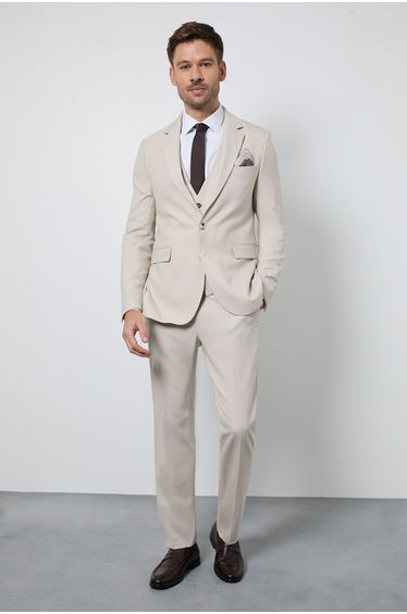 Neutral Textured Slim Fit Suit Trousers