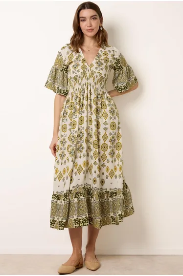 V Neck Border Print Maxi Dress