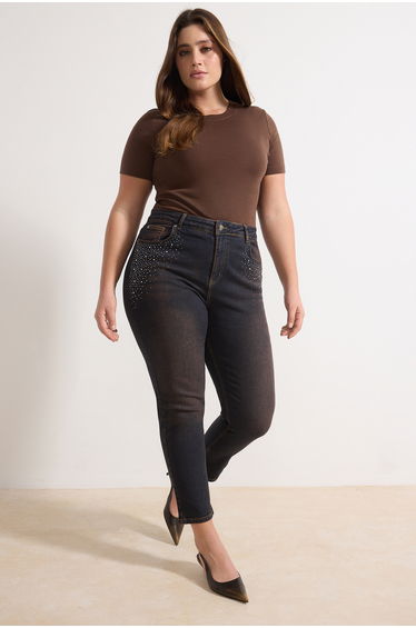 Brown High Waist Stone Detailed Plus Size Skinny Jeans
