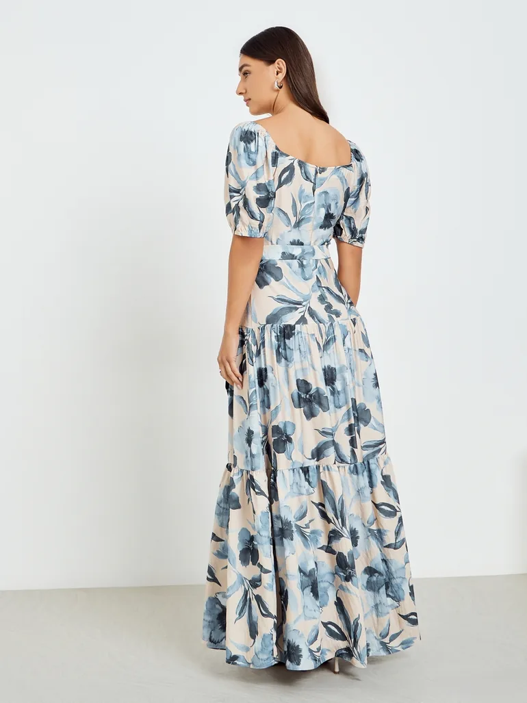 Women Floral Print Puff Sleeve Maxi Dress - 4