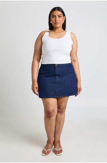Plus Horn Button Mini Skirt - indigo