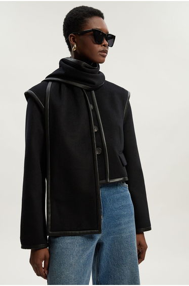 Brushed Wool Pu Mix Detachable Scarf Tailored Crop Coat