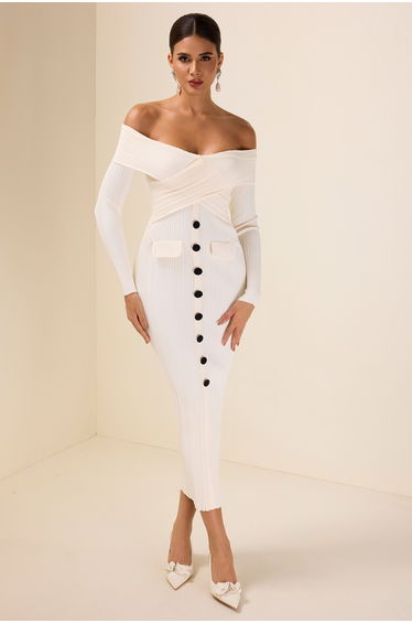 Rivet Knit Off-Shoulder Midi Dress in White