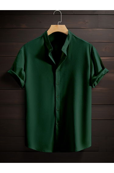 Men Dark Green Mandarin Collar Short Sleeve Shirt