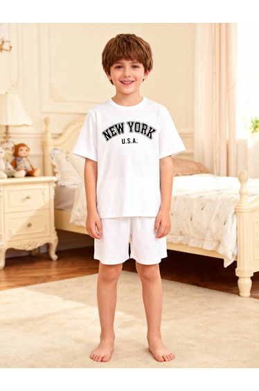 Boys White Graphic Print T-Shirt and Shorts Pyjama Set