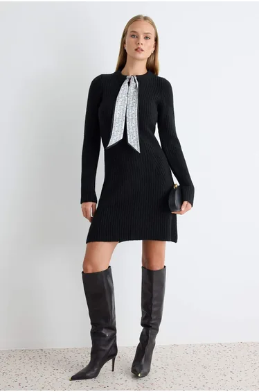 Black Soft Textured Shawl Tie Mini Knitwear Dress