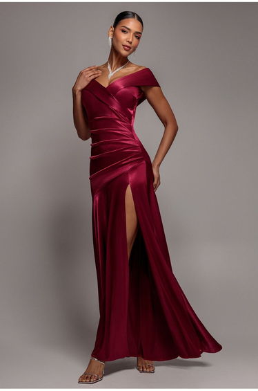 Satin Off Shoulder Pleated Maxi Dress - Berry by Goddiva