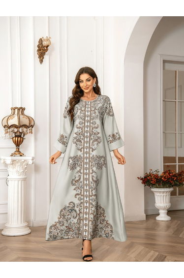 Floral Print Embellished Faux Pearl Detail Jalabiya