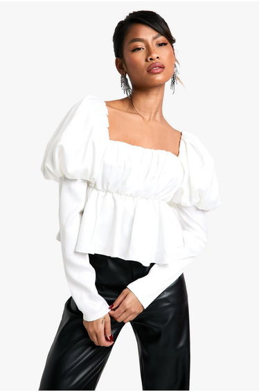 Satin Puff Sleeve Ruched Bust Smock Top - ivory