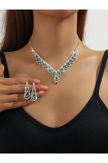 Emerald Green Crystal Necklace and Earrings Set