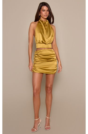 Chartreuse Ruched Drape Mini Skirt