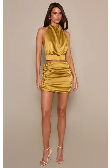 Chartreuse Ruched Drape Mini Skirt