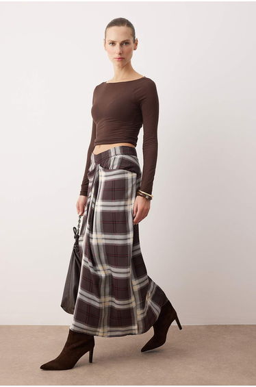 Brown Plaid Waist Detailed Long Maxi Skirt