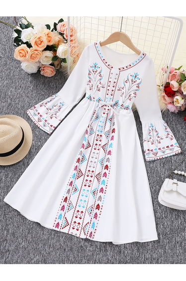 Girls Floral Print Tie Waist Dress