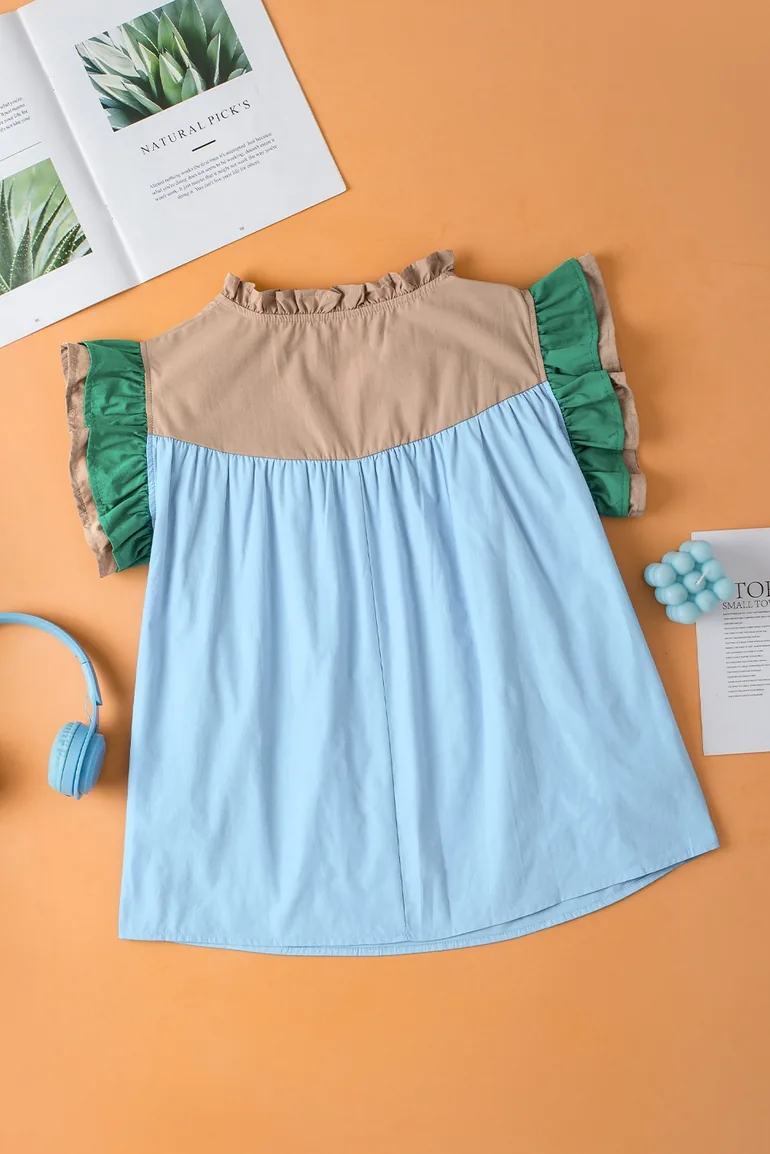 Lvness Mist Blue Colorblock Ruffled Sleeve Frill V Neck Blouse - 7