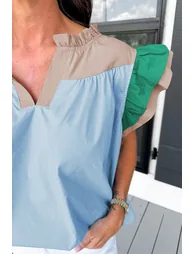 Lvness Mist Blue Colorblock Ruffled Sleeve Frill V Neck Blouse - 2