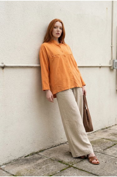 MY FASHION Oversized Linen-Blend Long Sleeve Shirt