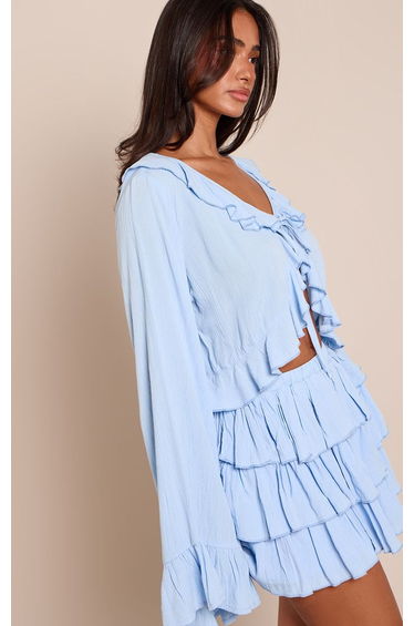 Petite Baby Blue Cheesecloth Ruffle Mini Skort Co-ord
