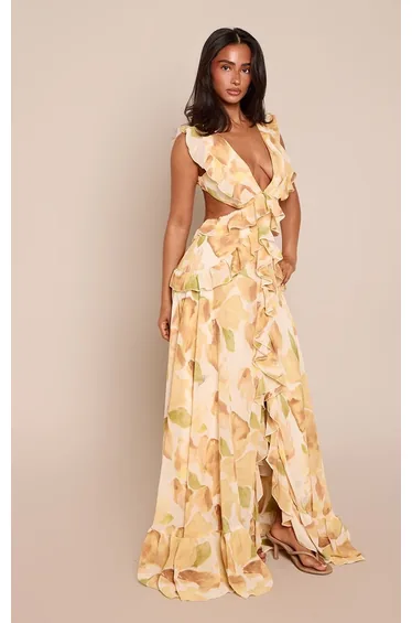 Petite Yellow Floral Frill Maxi Dress