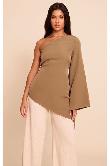 Khaki Woven Asymmetric Flare Sleeve Long Top