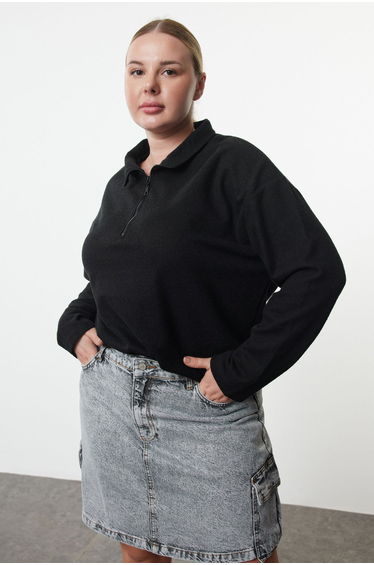 Black Stand Collar Zip Thessaloniki Slim Knitted Sweatshirt