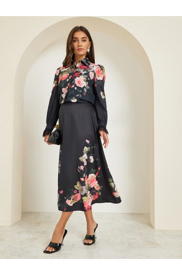 Women Black Floral Print A-Line Midi Skirt