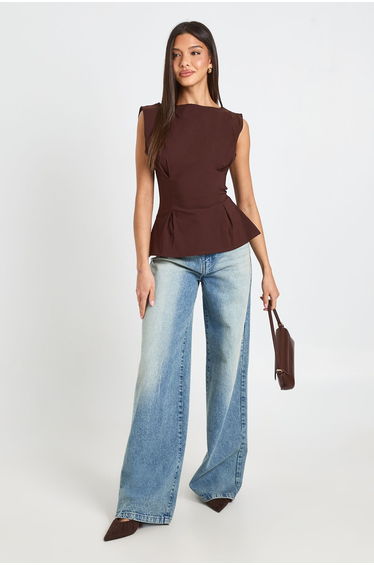 Bengaline Cinched Waist Sleeveless Top - chocolate