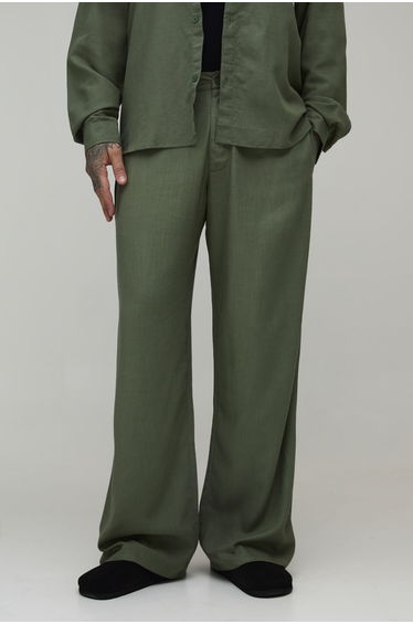 Tall Half & Half Waistband Wide Fit Linen Blend Trousers - olive