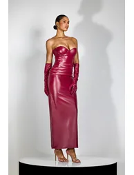 Denise Strapless Ruched Faux Leather Maxi Dress - 4