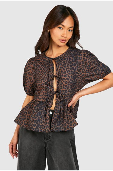 Leopard Puff Sleeve Bow Tie Top