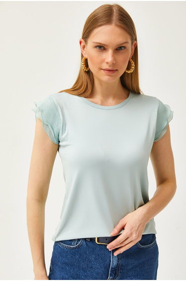 Women's Water Green Sleeve Pleated Knitted Viscose Blouse