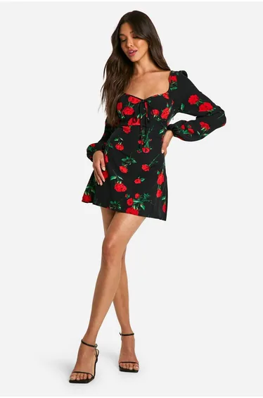 Floral Milkmaid Mini Dress - black