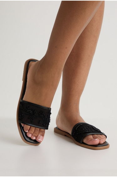 Mesh Beaded Strap Sliders - black