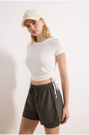 Ecru Drawstring Tie Detail Micro Fabric Knitted Sports T-Shirt
