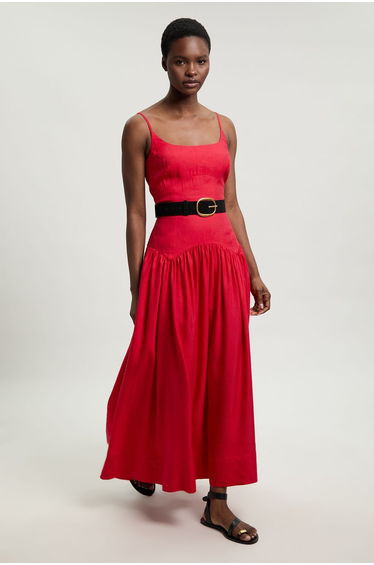 Viscose Linen Belted Drop Waist Woven Midi Dress