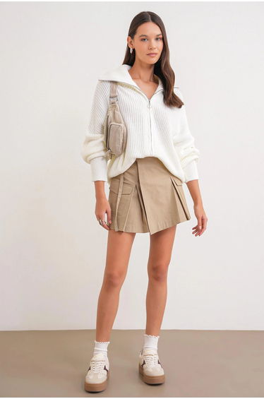 Mixray Zipped Collar Oversize Textured Knit Cardigan