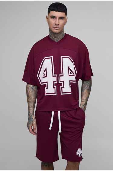 Tall Oversized Boxy Mesh Batwing 44 Hockey Top and Short Set - burgundy