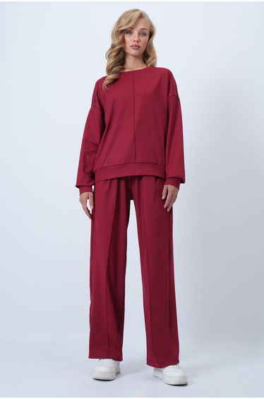 Women's Burgundy Crew Neck Ribbed Stitching Blouse and Double Pocket Green Trousers Set